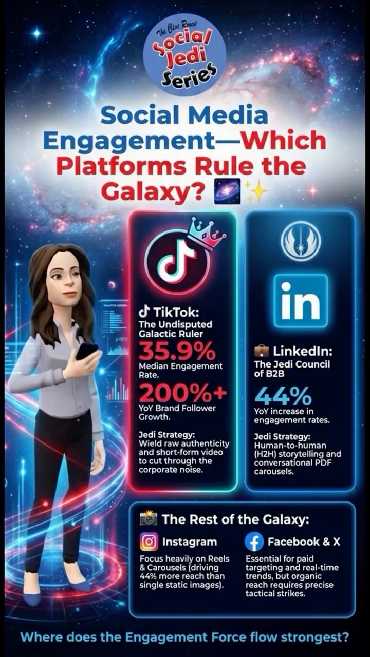 Instagram is hovering below 10% median engagement, but don’t panic. To survive here, double down on Reels and Carousels—they spark 44% more engagement than single images because they prompt saves and shares.

Stop guessing where the energy is. Align your content with where the audience is actively responding.

Which platform is winning your brand’s battle for attention this month? Let us know in the comments, and tag a fellow creator to help them level up their social game!

Discover more insights:
https://socialjediseries.net/social-media-engagement-which-platforms-rule-the-galaxy/

#TikTokMarketing  #EngagementTips #SocialMediaMarketing #ContentCreatorTips 

Discover the Social Jedi Series;

Instagram - https://www.instagram.com/socialjediseries
X/ Twitter - https://twitter.com/JediSocialMedia
Web site  - https://www.SocialJediSeries.net
